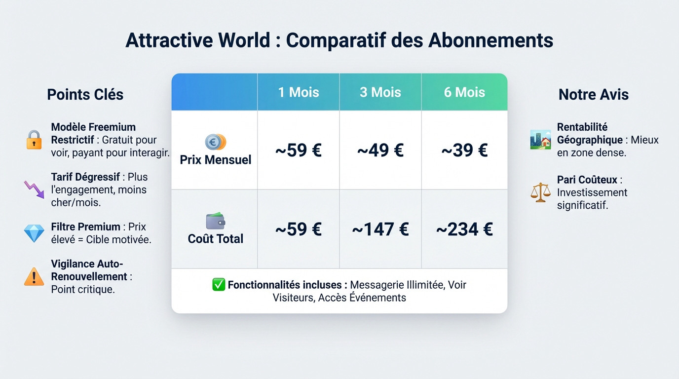 Tableau comparatif des tarifs et abonnements du site de rencontre Attractive World